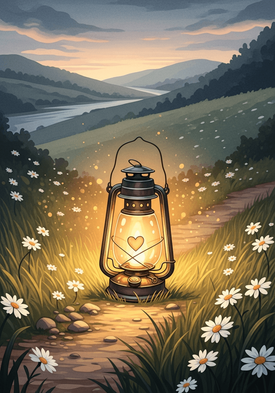 An illustration of a lit lantern resting beside a path through a quiet meadow at dusk.
